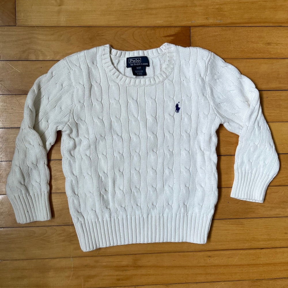Polo Ralph Lauren Toddler White Cable Knit Cotton Crew Neck Sweater 3/3T